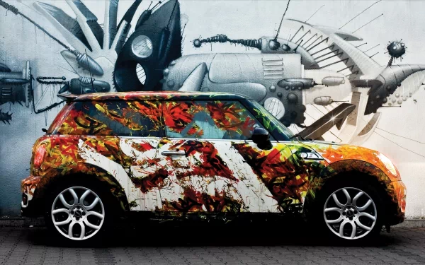 HD desktop wallpaper featuring a Mini Cooper with a vibrant, abstract paint design parked in front of a monochrome mural.