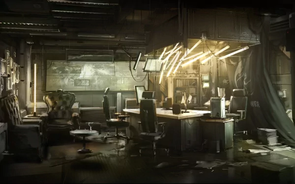 HD PC desktop wallpaper featuring a dimly lit, futuristic office scene from the video game Deus Ex: Human Revolution.