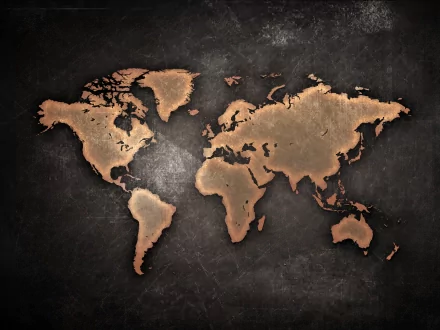 A detailed world map design featuring a textured bronze finish on a dark background, serving as an HD desktop wallpaper and background.