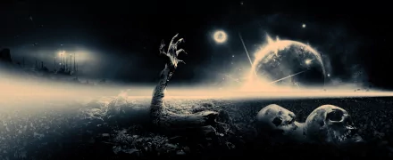 HD PC desktop wallpaper depicting a sci-fi post-apocalyptic scene with a skeletal hand rising from the ground, eerie skulls, and celestial bodies in the dark sky.