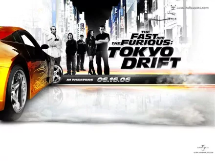 HD desktop wallpaper for The Fast and the Furious: Tokyo Drift featuring characters and a drifting car.