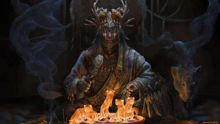 Fantasy-themed HD PC desktop wallpaper featuring a mysterious man in elaborate tribal attire surrounded by glowing foxes and shadowy forest creatures.