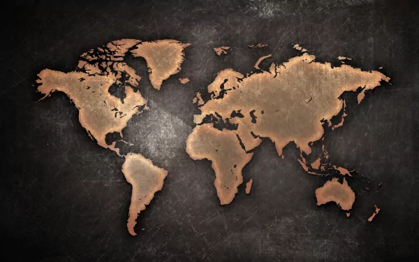 A detailed world map design featuring a textured bronze finish on a dark background, serving as an HD desktop wallpaper and background.