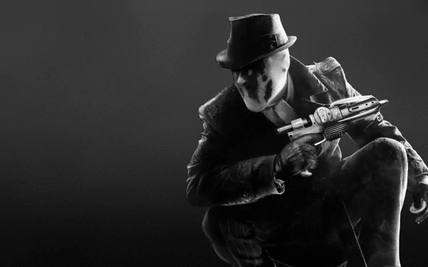 HD PC desktop wallpaper: Rorschach (Watchmen) in comic-style black-and-white, crouched in trenchcoat and hat, inkblot mask holding a rifle against a stark dark background.