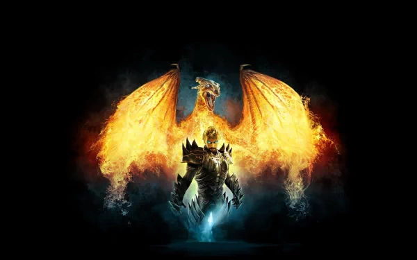HD PC desktop wallpaper — Divinity II: Ego Draconis: armored hero stands before a towering dragon with blazing wings, cast against a dark, smoky background.
