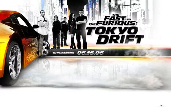 HD desktop wallpaper for The Fast and the Furious: Tokyo Drift featuring characters and a drifting car.