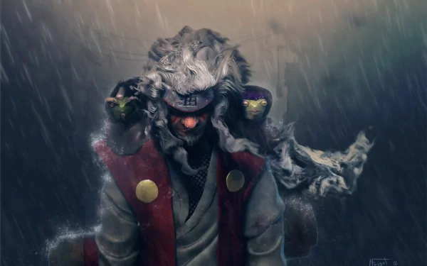 HD desktop wallpaper featuring Jiraiya from the Naruto anime series, depicted in a dramatic, rain-soaked scene.