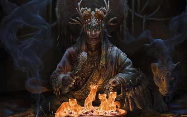 Fantasy-themed HD PC desktop wallpaper featuring a mysterious man in elaborate tribal attire surrounded by glowing foxes and shadowy forest creatures.