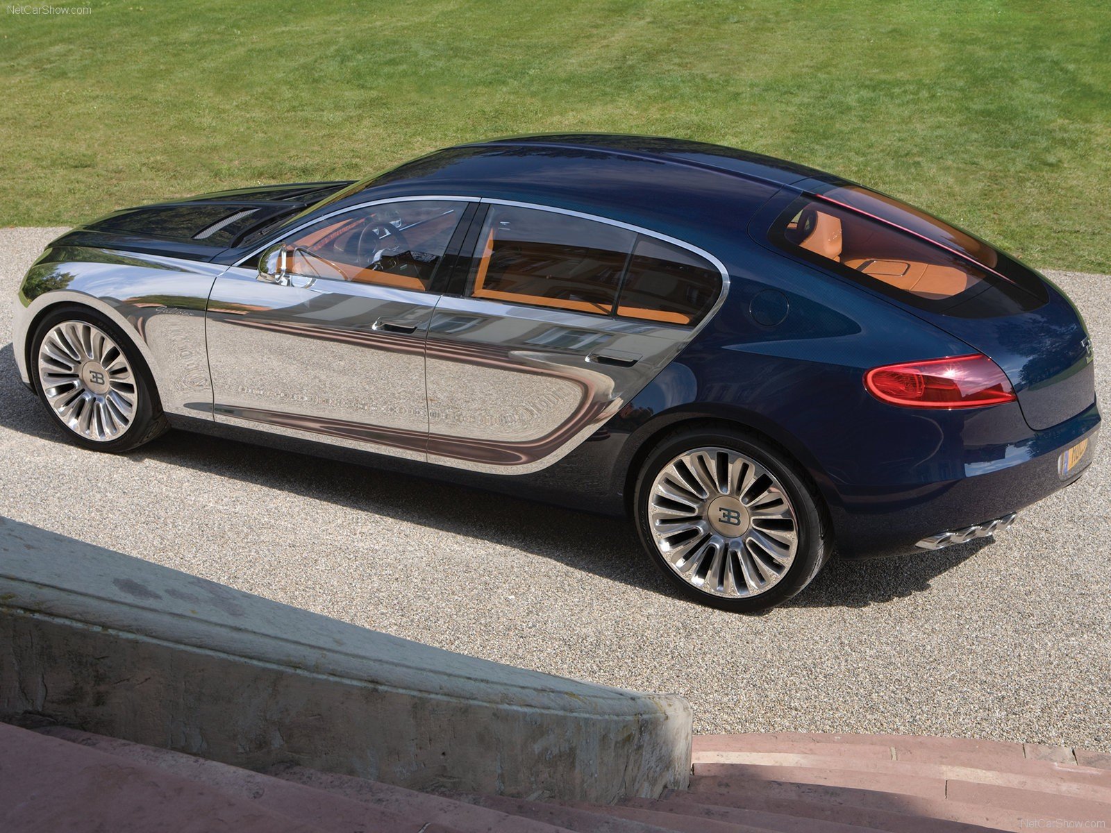 HD desktop wallpaper featuring a Bugatti Galibier parked outdoors, showcasing its luxurious design and sleek profile.