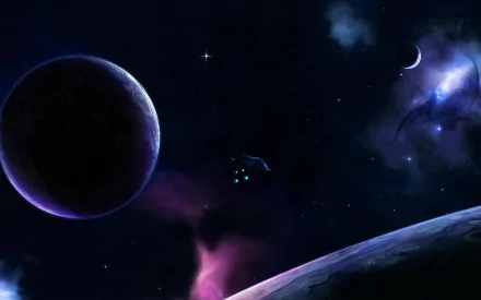 A stunning HD PC desktop wallpaper featuring a spaceship navigating through a vibrant cosmic scene with planets and colorful nebulae, evoking a sense of sci-fi adventure.