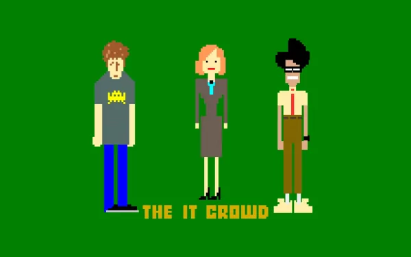 HD desktop wallpaper featuring pixel-art characters from The IT Crowd, including Maurice Moss, Roy Trenneman, and Jen Barber against a green background.