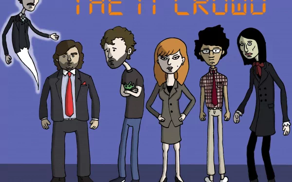 HD desktop wallpaper featuring animated characters from The IT Crowd, including Roy, Moss, Jen, Douglas, and Richmond on a blue background.