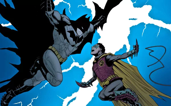HD PC desktop wallpaper featuring Batman and Damian Wayne as Robin in dynamic action against a stormy blue sky, showcasing iconic DC Comics heroes.