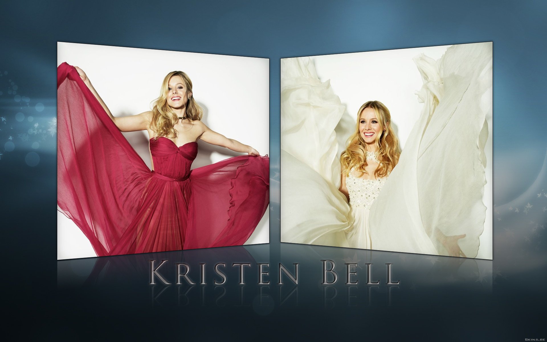 HD PC desktop wallpaper featuring celebrity Kristen Bell in elegant poses, wearing flowing red and white dresses against soft, light backgrounds.