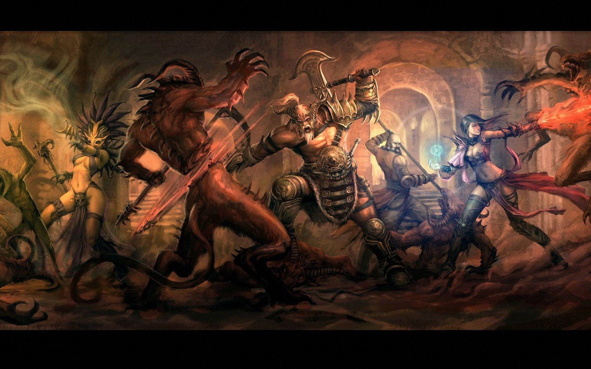HD PC desktop wallpaper featuring Diablo III characters Wizard, Monk, and Barbarian engaged in intense battle against dark creatures from the video game Diablo III.