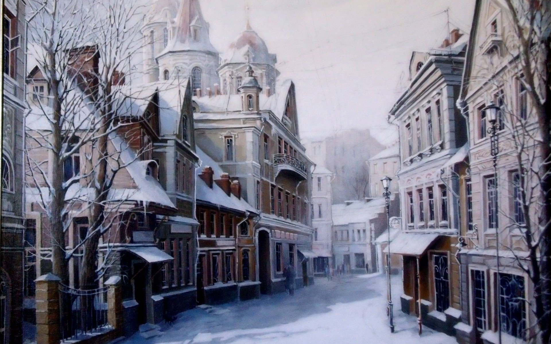 Artistic HD PC desktop wallpaper: snow-covered historic town street with ornate buildings and church domes, quiet winter atmosphere, muted pastel tones.