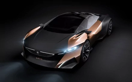 HD PC desktop wallpaper featuring a sleek 2012 Peugeot Onyx concept car with a futuristic design in dark bronze and black tones.