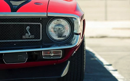 Close-up of the front grille and headlight of a red Ford Mustang Shelby, featured as a sharp HD PC desktop wallpaper and background.