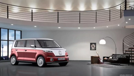 HD PC desktop wallpaper featuring a 2011 Volkswagen Bulli parked inside a modern, spacious room with minimalist decor and curved balcony railing.