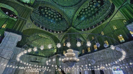 HD desktop wallpaper showcasing the intricate green-tiled interior and ornate chandeliers of the Mosque of Muhammad Ali, highlighting its religious architectural beauty.