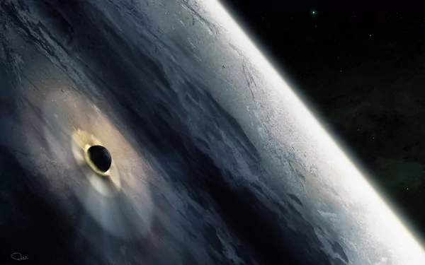 Sci-fi HD desktop wallpaper: a dark moon or asteroid collides with a planet, creating a glowing impact scar and sweeping shockwave across the surface.