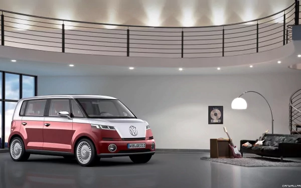 HD PC desktop wallpaper featuring a 2011 Volkswagen Bulli parked inside a modern, spacious room with minimalist decor and curved balcony railing.