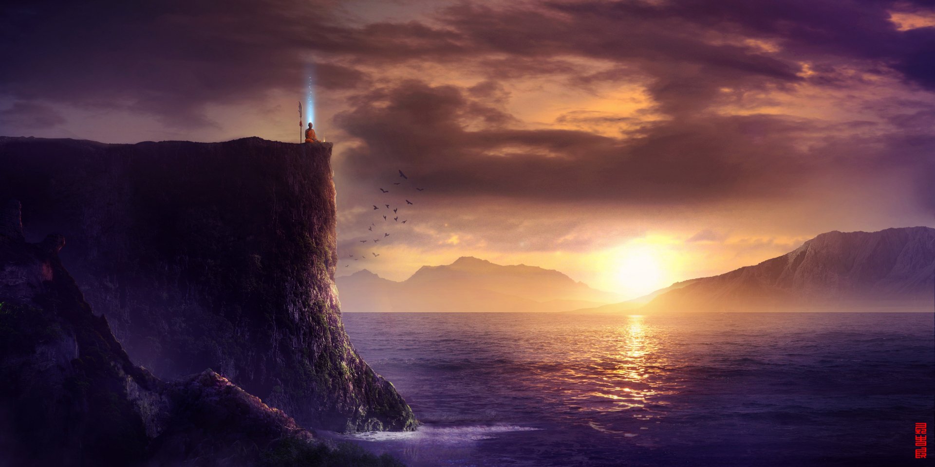 HD desktop wallpaper featuring a serene fantasy landscape with a monk meditating atop a cliff, overlooking the sea at sunset. The background boasts dramatic clouds and golden hues reflecting on the water.