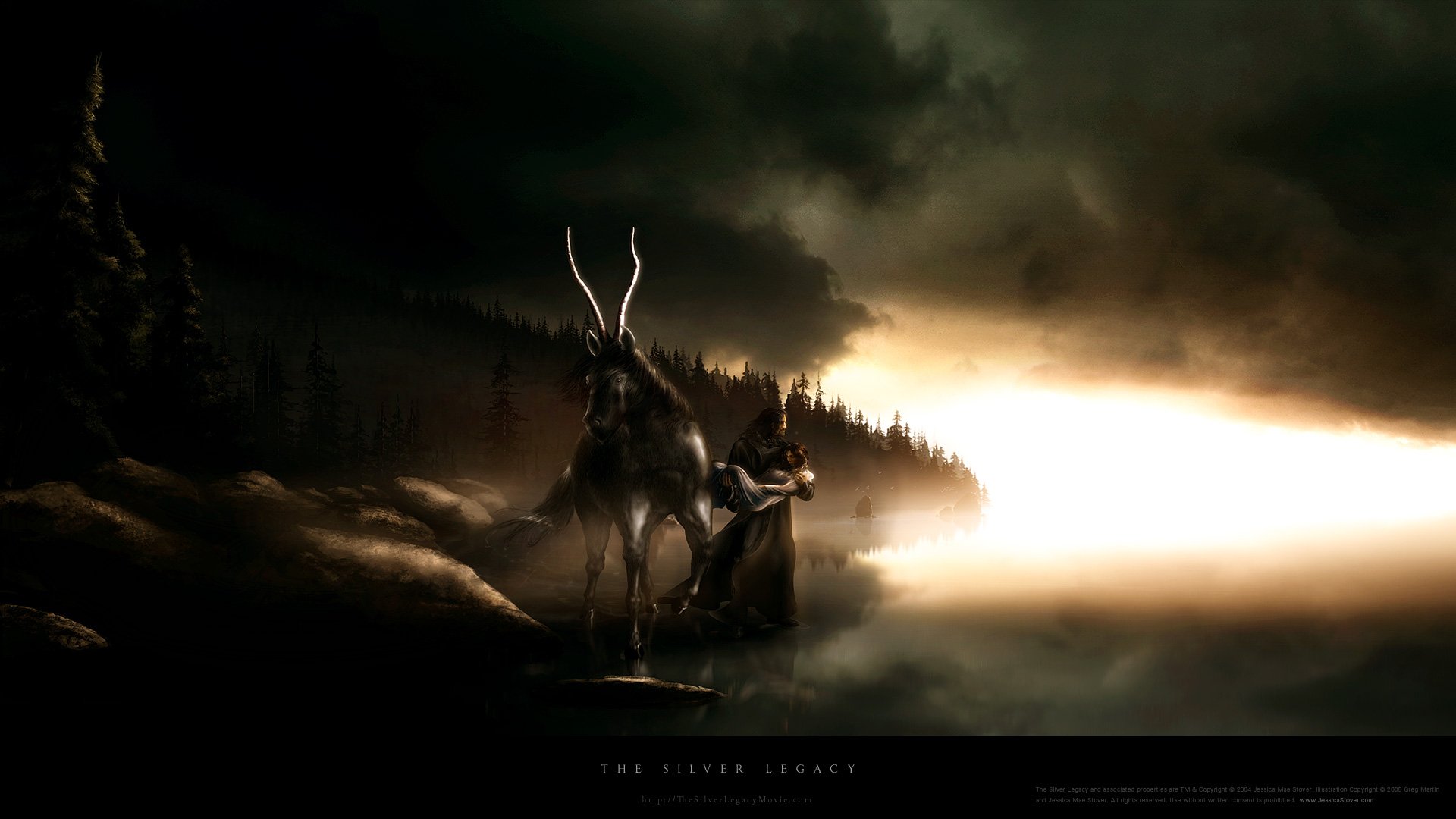 HD fantasy desktop wallpaper depicting a mystical figure and a stag standing by a foggy, glowing lake under a dark, dramatic sky, evoking themes of love and mystery.