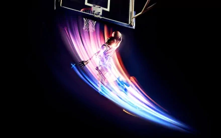HD desktop wallpaper featuring a dynamic, colorful image of a basketball player making a dunk, with light trails accentuating the motion against a dark background.