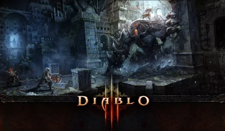 4K Ultra HD Diablo III PC wallpaper featuring a Barbarian and Witch Doctor battling a monstrous creature in a dark, ancient ruin setting.