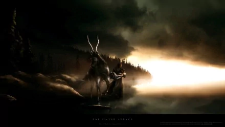 HD fantasy desktop wallpaper depicting a mystical figure and a stag standing by a foggy, glowing lake under a dark, dramatic sky, evoking themes of love and mystery.