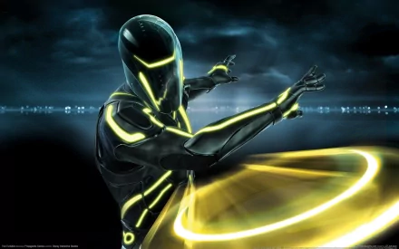 HD PC desktop wallpaper featuring a sleek, glowing character from the video game Tron: Evolution in an action pose with vibrant neon yellow and black tones.