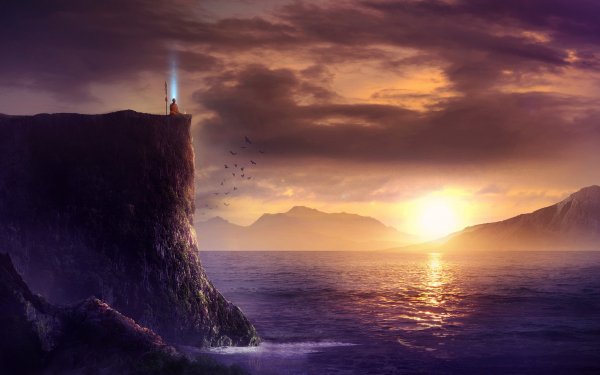 Fantasy Landscape Monk Meditation Sea Sunset HD Wallpaper | Background Image