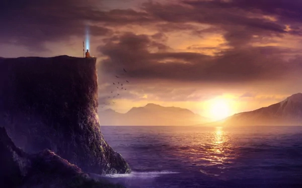 HD desktop wallpaper featuring a serene fantasy landscape with a monk meditating atop a cliff, overlooking the sea at sunset. The background boasts dramatic clouds and golden hues reflecting on the water.