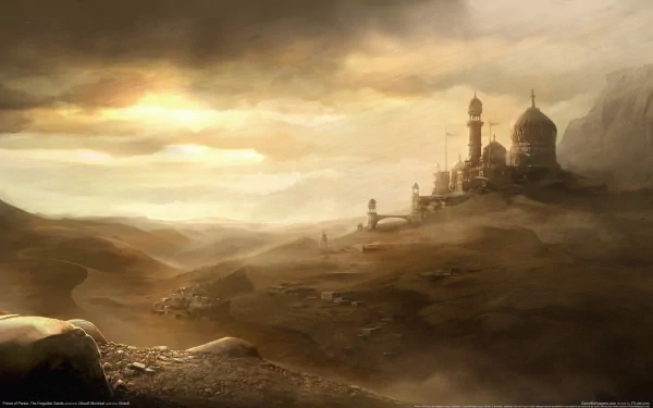 HD PC desktop wallpaper featuring a dramatic desert landscape with a distant ancient palace, inspired by the video game Prince of Persia: The Forgotten Sands.