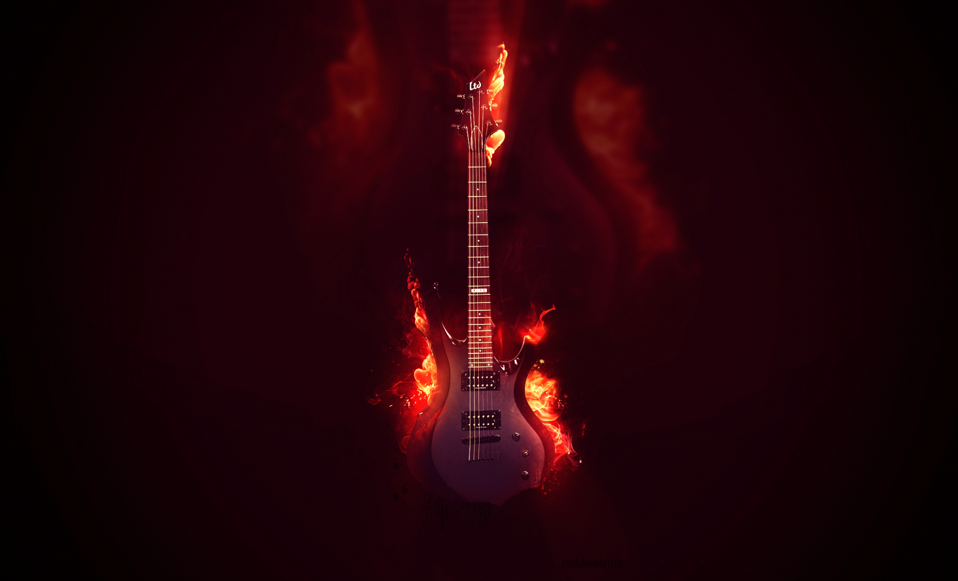 HD PC desktop wallpaper: music-themed electric guitar engulfed in stylized flames against a dark background.