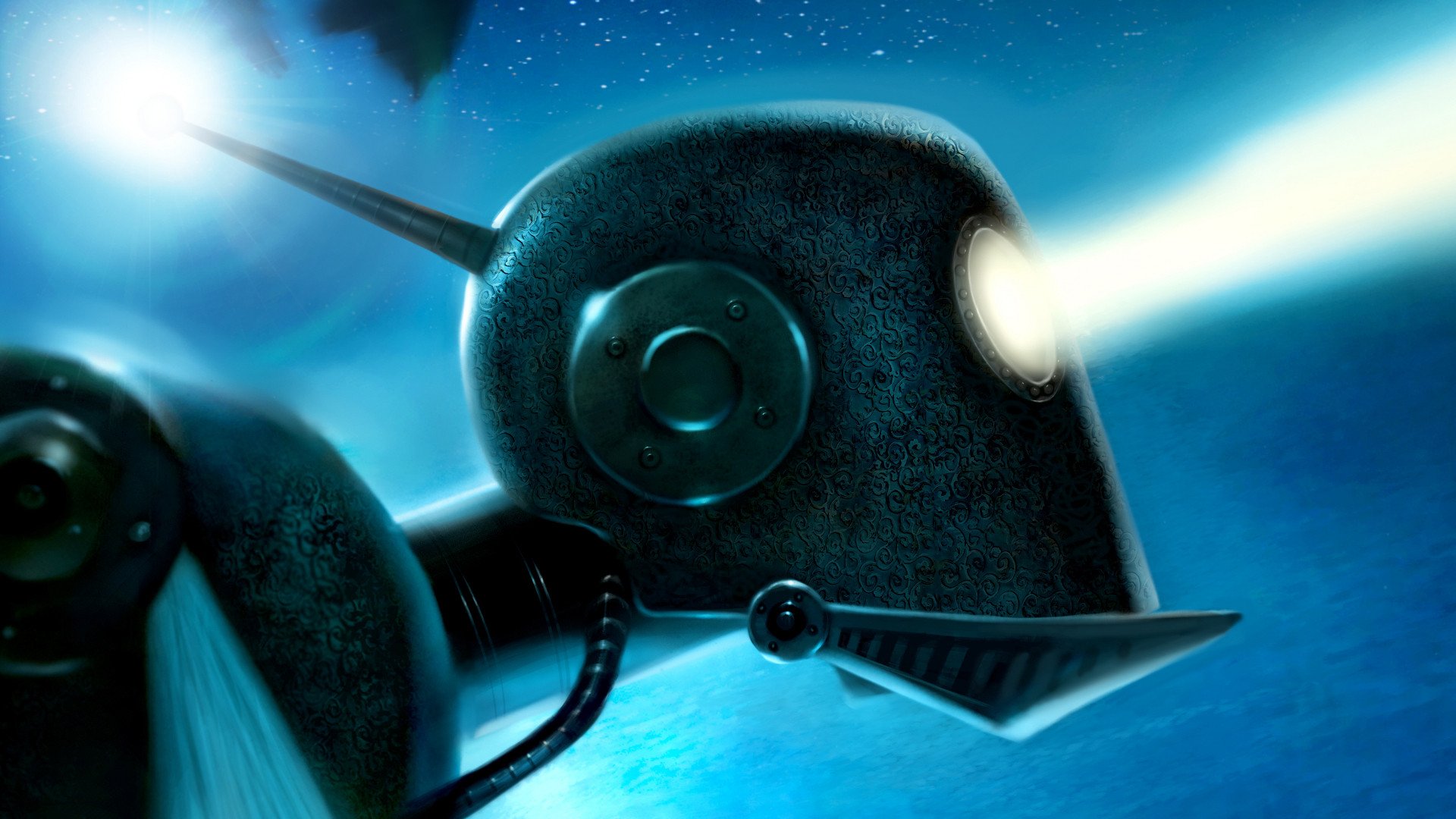 A sleek, futuristic robot with a glowing eye glides through a cosmic backdrop, embodying the essence of sci-fi. This HD PC desktop wallpaper captures an innovative design.
