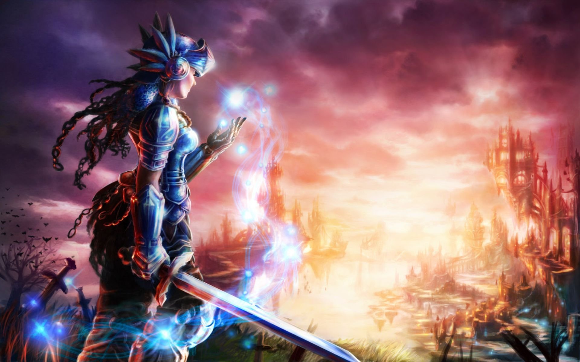 A fantasy-themed HD desktop wallpaper featuring a fierce woman warrior wielding a sword, set against a dramatic sunset and a backdrop of ruins.