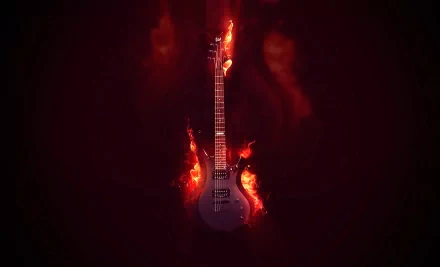 HD PC desktop wallpaper: music-themed electric guitar engulfed in stylized flames against a dark background.