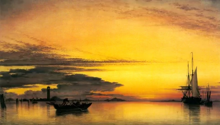 An artistic oil painting depicting a serene sunset over calm waters, featuring boats and distant ships, serving as an HD PC desktop wallpaper and background.