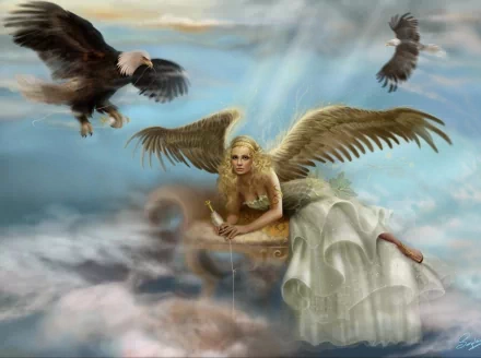 A fantasy HD wallpaper depicting a blonde angel with golden wings, resting on a cloud with eagles soaring around.