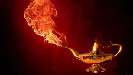 Artistic HD PC desktop wallpaper and background: a golden oil lamp emitting a dramatic flame that twists into swirling smoke against a deep red backdrop.