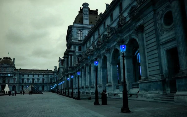 HD PC desktop wallpaper featuring a majestic man-made palace at dusk, highlighted by a row of glowing blue street lamps along its historic facade.