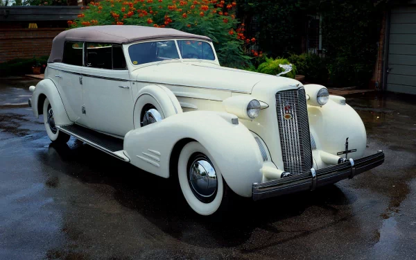 HD desktop wallpaper featuring a pristine white 1936 Cadillac V16 Series 90 Town Cabriolet parked on a wet driveway with greenery in the background.