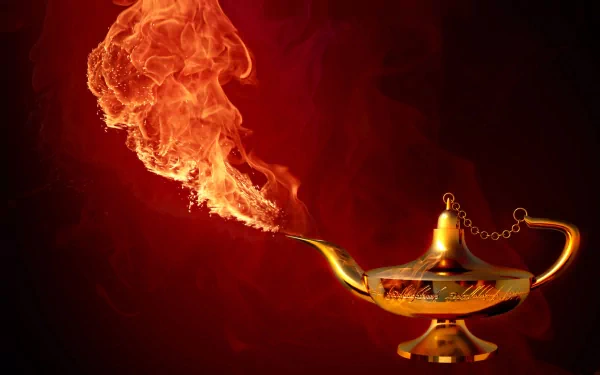 Artistic HD PC desktop wallpaper and background: a golden oil lamp emitting a dramatic flame that twists into swirling smoke against a deep red backdrop.