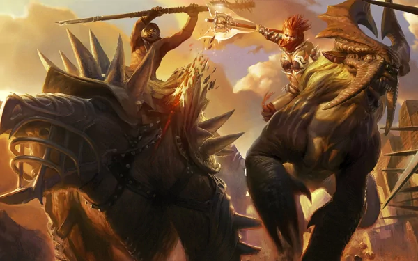 HD PC desktop wallpaper featuring intense battle scenes from the video game Golden Axe: Beast Rider, showcasing armored warriors and fierce beasts in dynamic action.