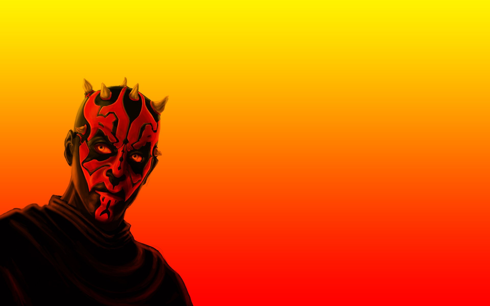 HD desktop wallpaper featuring Darth Maul, the Sith from Star Wars, against a vibrant yellow to red gradient background in a sci-fi style.