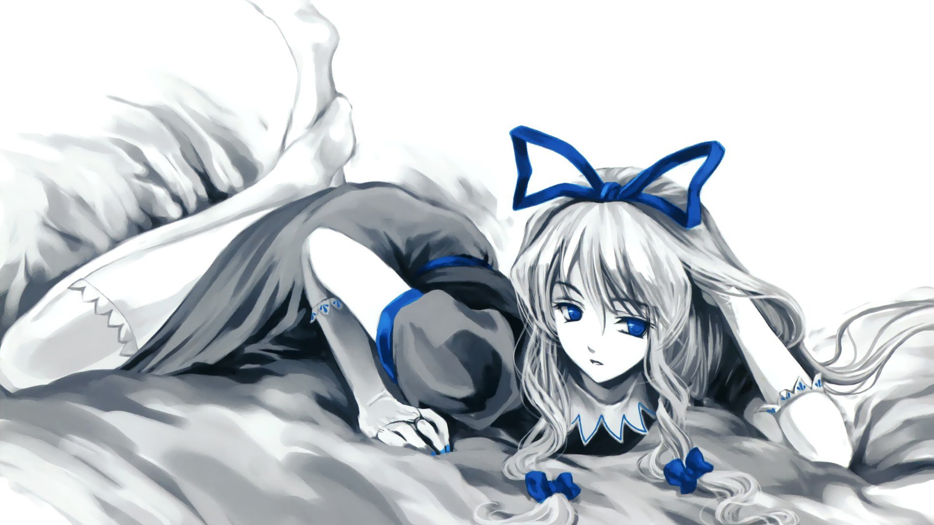 HD PC desktop wallpaper featuring Yukari Yakumo from the anime Touhou, depicted with flowing silver hair and blue accents on a monochrome background.