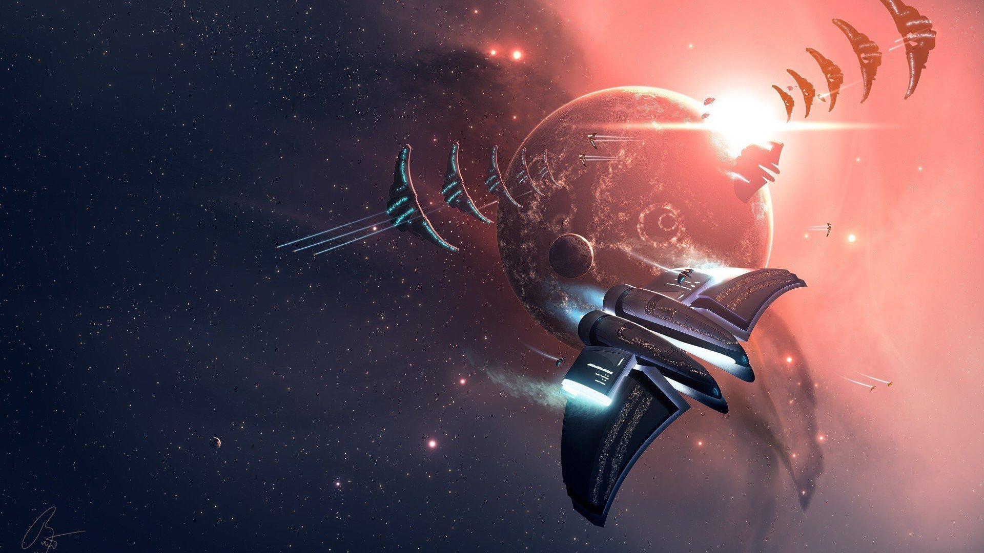 HD sci-fi desktop wallpaper featuring a sleek spaceship soaring through space near a glowing planet with distant stars and cosmic clouds.