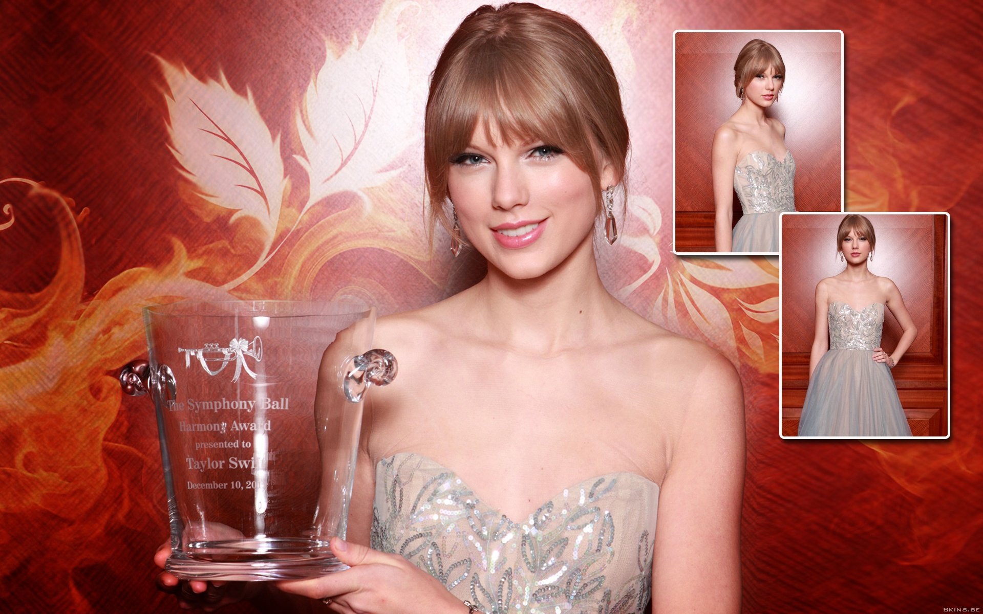 HD desktop wallpaper featuring Taylor Swift holding an award, with elegant background and two inset images of her in stunning gowns, celebrating her achievements in music.